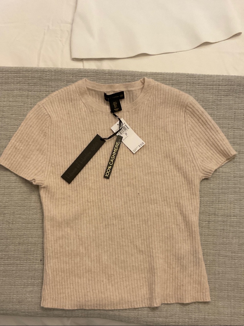 House of Harlow 1960 Ribbed Short-Sleeve Cashmere Tee in Light Beige